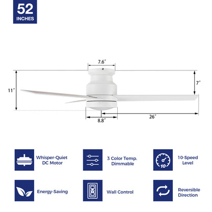 The dimension image of 52-inch flush mount white ceiling fan with LED light and wall switch control. 