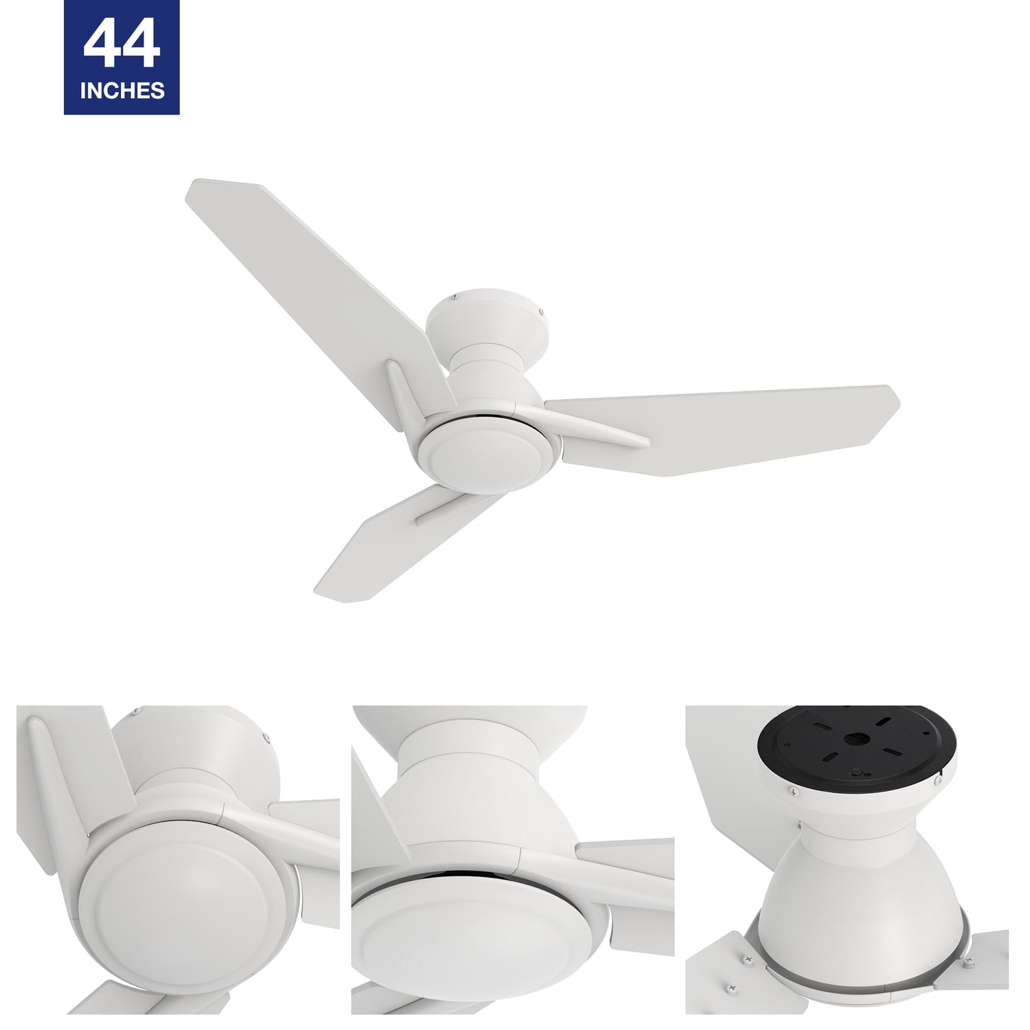 White flush mount ceiling fan with remote, 3-plywood blades, solid and durable. Equipping with 10-speed dc motor, it brings you breezes and cools you down in a quiet and comfortable environment. 