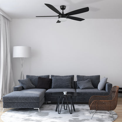 A 52-inch black ceiling fan with LED light, installed in a contemporary living room with modern furniture and large windows, from the Carro Smafan Rivers collection. 