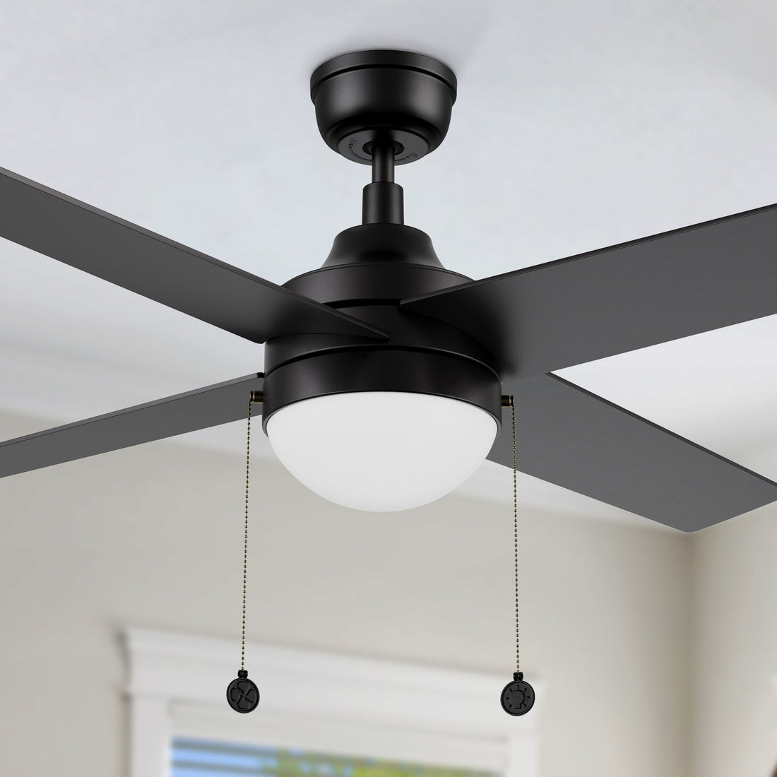52-inch modern black ceiling fan with dimmable LED light (light temperature from2700K to 4000K) and pull chain 