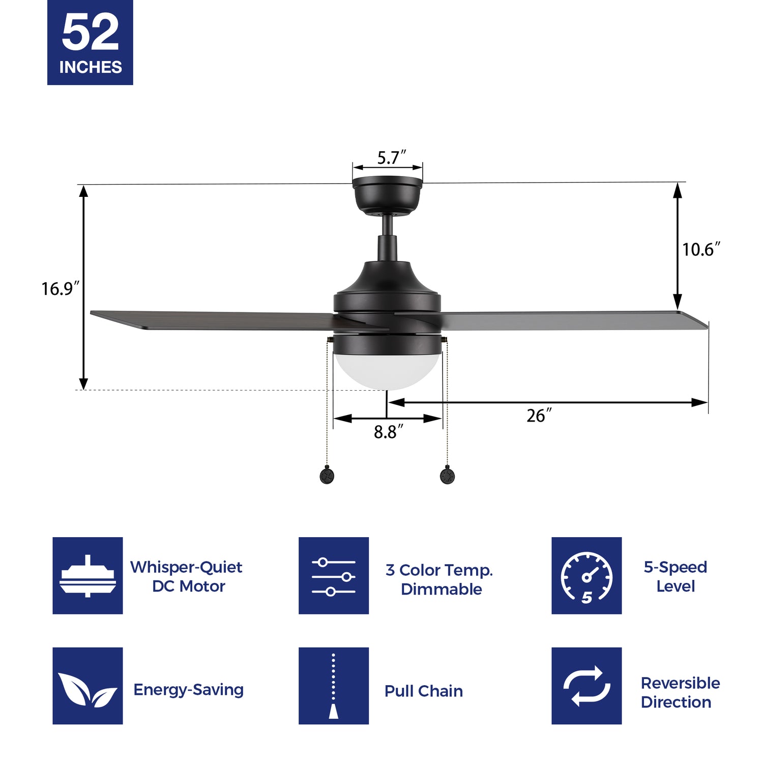 Black ceiling fan with light 52 inch downrod mount design and pull chain  dimension 