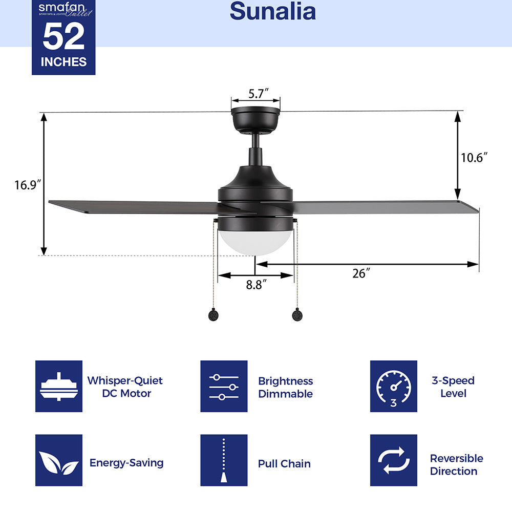 Black ceiling fan with light 52 inch downrod mount design and pull chain  dimension 