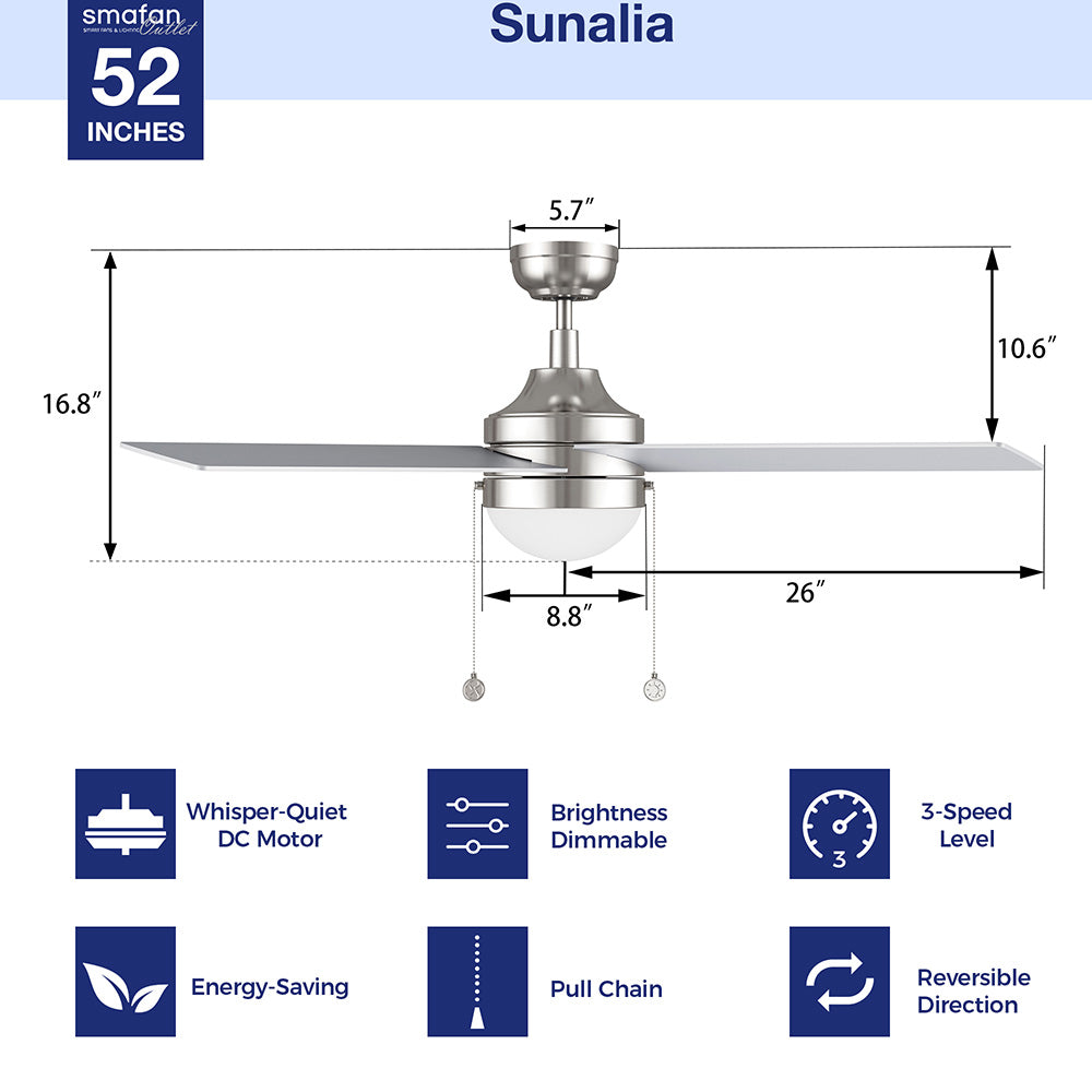 Modern ceiling fan with dimmable integrated 4000K LED light and 52 inch downrod mount design, featuring with incredibly efficient 5 speed quiet DC motor, offer you with 4020 CFM cool air. 