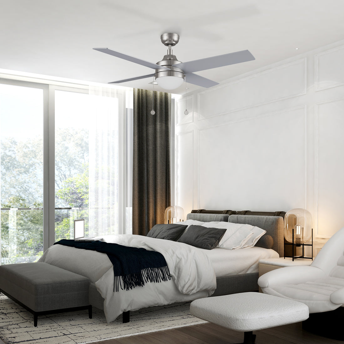 52 inch best modern ceiling fan with 1300 lumens LED light kit (Includes integrated LED light kit with warm light and cool light, it offers lower energy consumption and a longer life span), featuring with 5-speed reversible whisper quiet DC motor and downrod mount design in modern bedroom.  