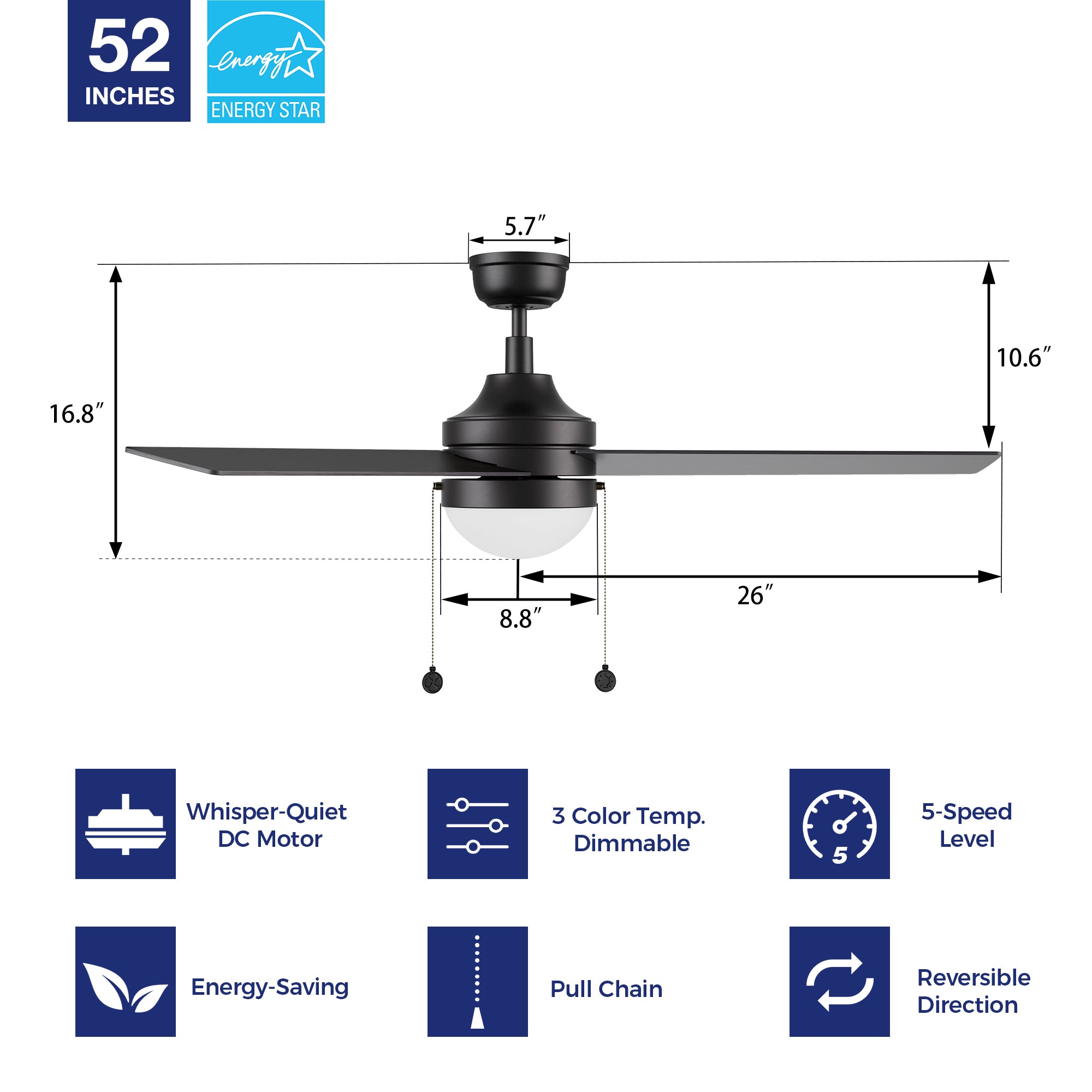52 inch black energy star ceiling fan with LED light 