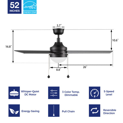 52 inch black energy star ceiling fan with LED light 