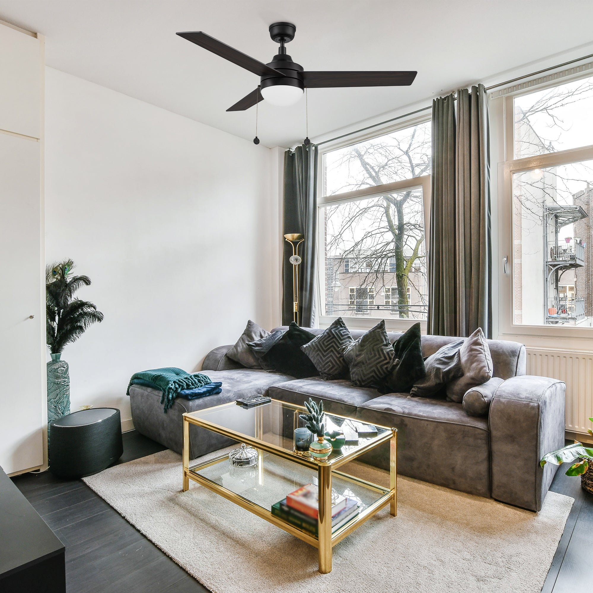 Black ceiling fan with light and pull, featuring with 5-speed DC motor in modern living room 