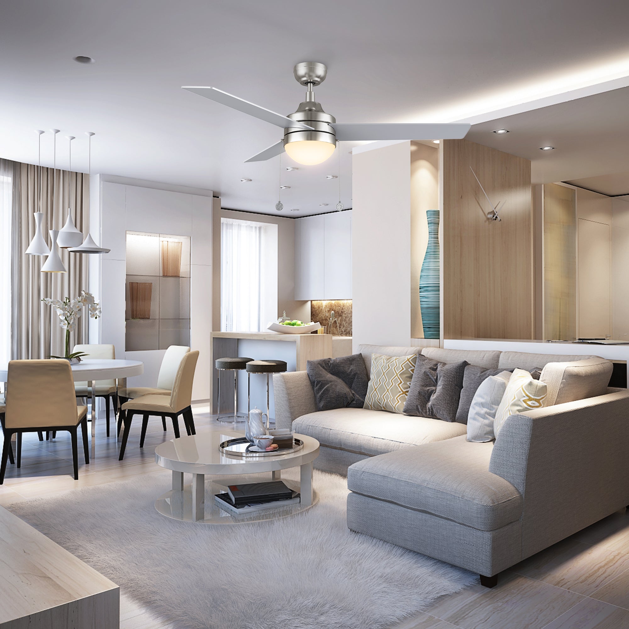 Equipped with 2116 lumens LED lights in three color temperatures (from 2700K warm to 4000K cool color), this 5-speed silver modern ceiling fan with bright LED lights blends perfectly with the modern interior decor. 