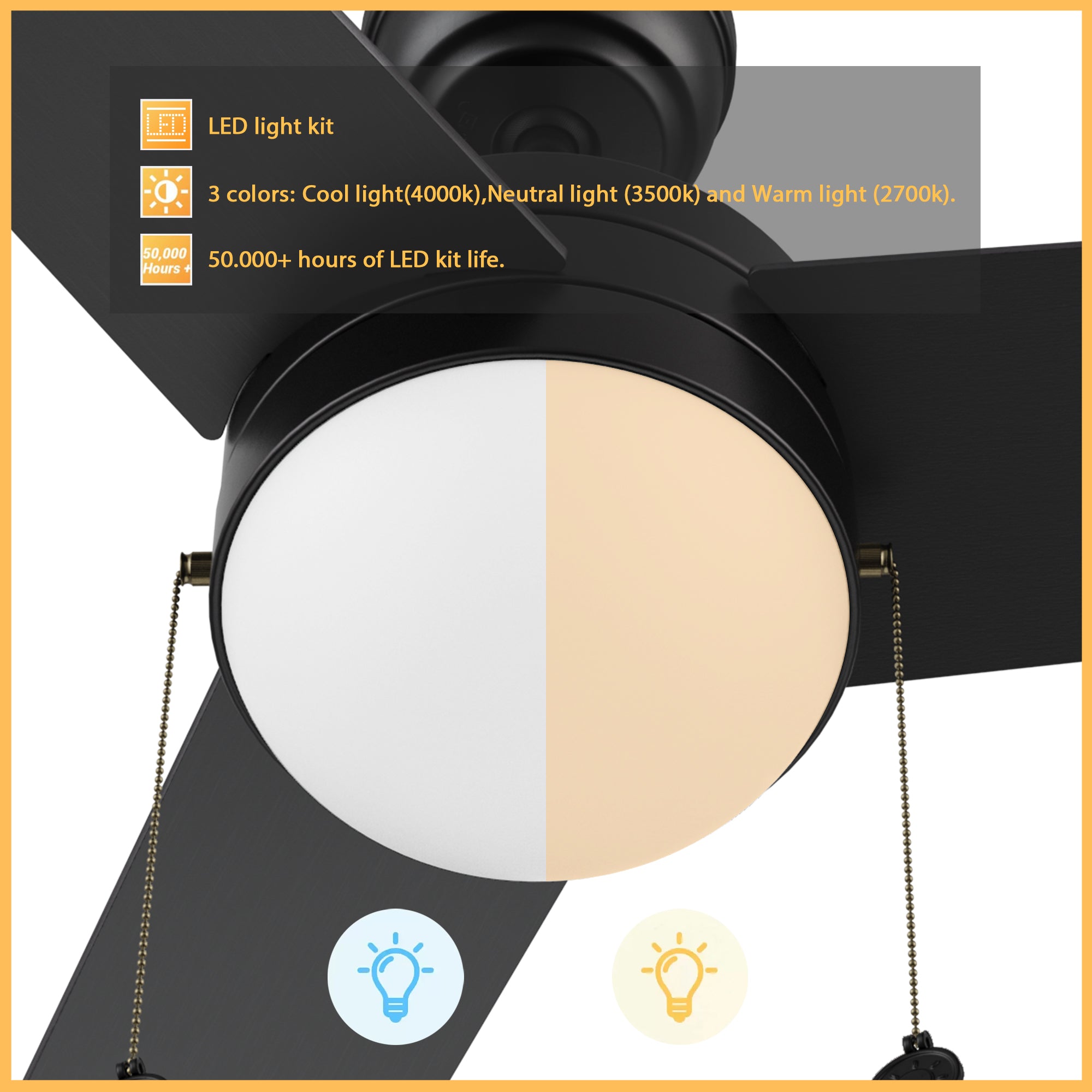 52-inch black ceiling fan with LED light kit, 22 energy power, and 2116 lumens brightness output. With more than 50000 hours of LED kit life, this ceiling fan light provides 3 colors from 2700K warm light to 4000K cool light. 