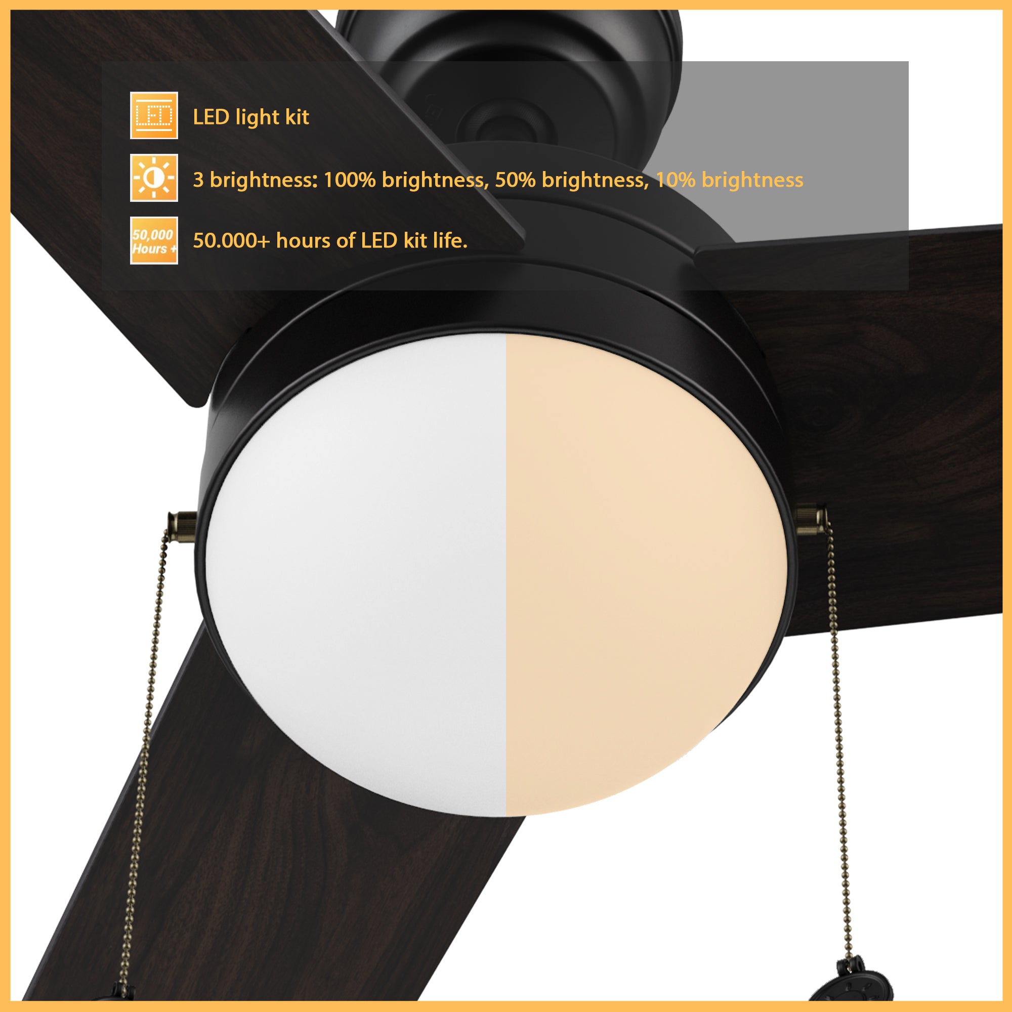 52-inch black ceiling fan with LED light kit, 22 energy power, and 2116 lumens brightness output. With more than 50000 hours of LED kit life, this ceiling fan light provides 3 colors from 2700K warm light to 4000K cool light. 