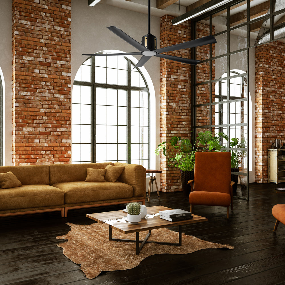 Industrial living room with exposed brick and Zahar 60" black &amp; gold ceiling fan with LED light over tan sofa and cowhide rug. A quiet ceiling fan with powerful airflow. 