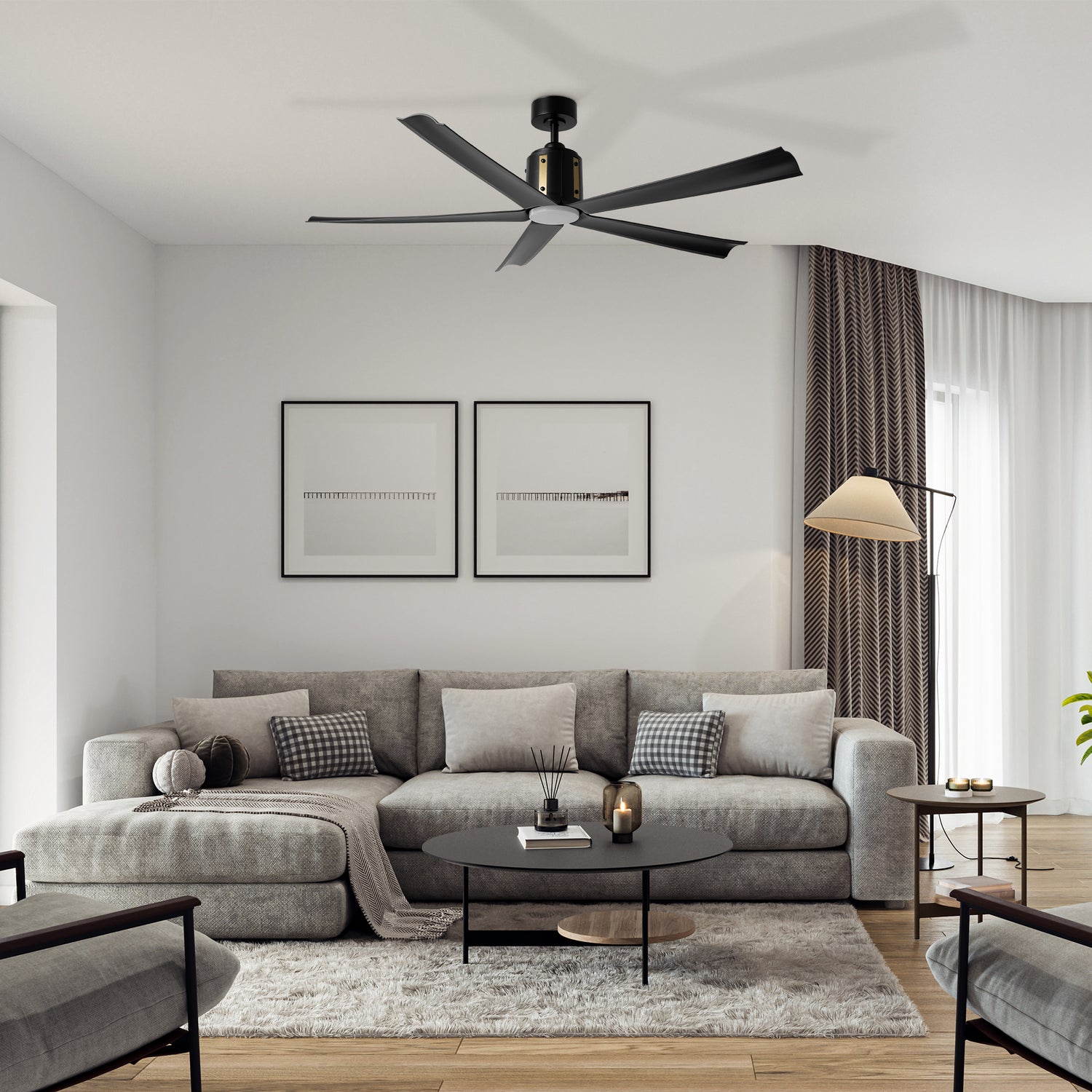 The Zahar 60-inch black ceiling fan with LED light is installed in a modern living room, offering both style and functionality. 