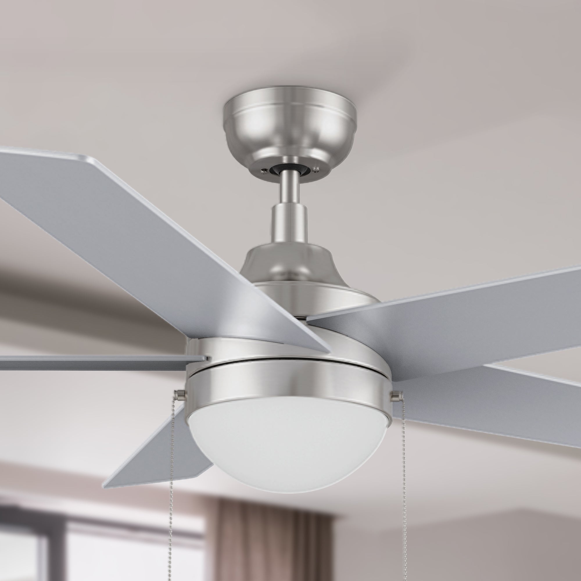 52 inch modern ceiling fan in silver with LED light and pull chain, featuring with 5-speed dc quiet motor and an integrated 4000K LED cool light. 