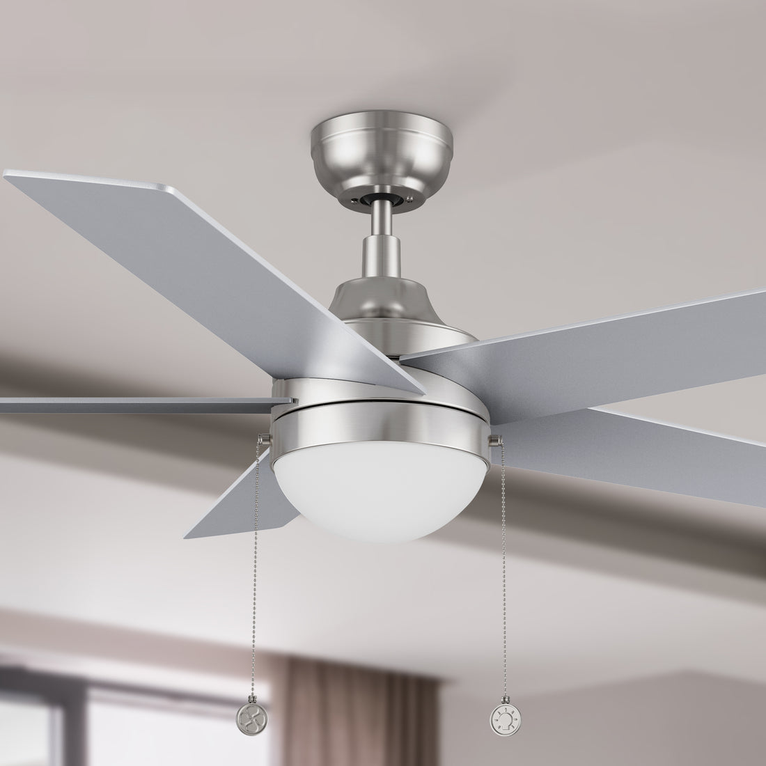 52 inch modern ceiling fan in silver with LED light and pull chain, featuring with 5-speed dc quiet motor and an integrated 4000K LED cool light. 