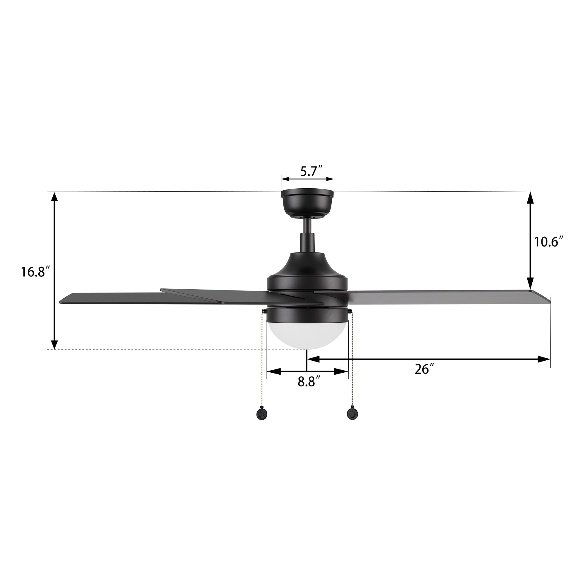 The dimension of 52 inch black ceiling fan with 5 blades. 