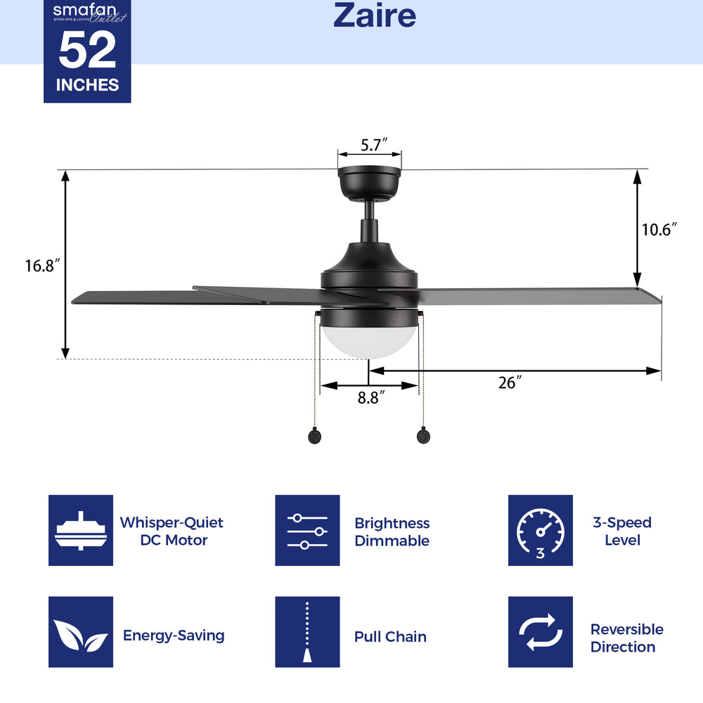 The dimension of 52 inch black ceiling fan with 5 blades. 