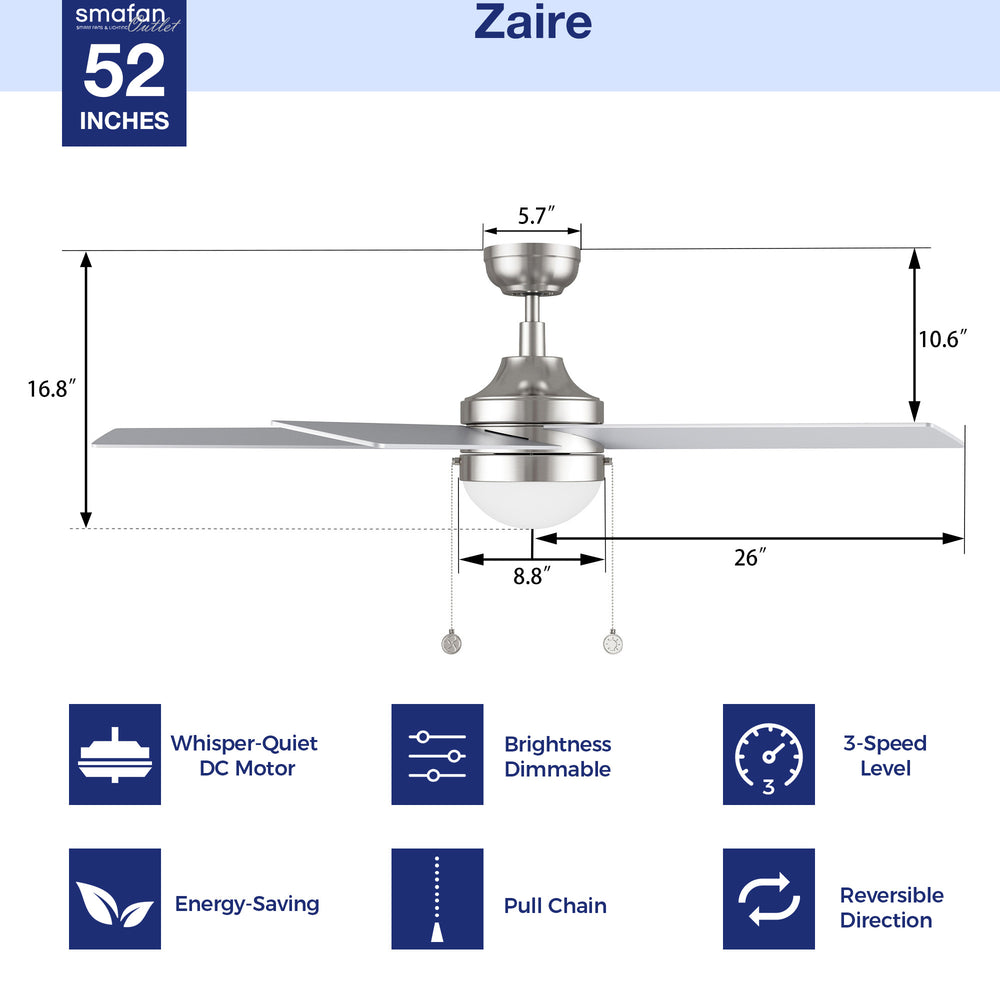 The dimension of 52 inch downrod mount ceiling fan with 5 blades. 
