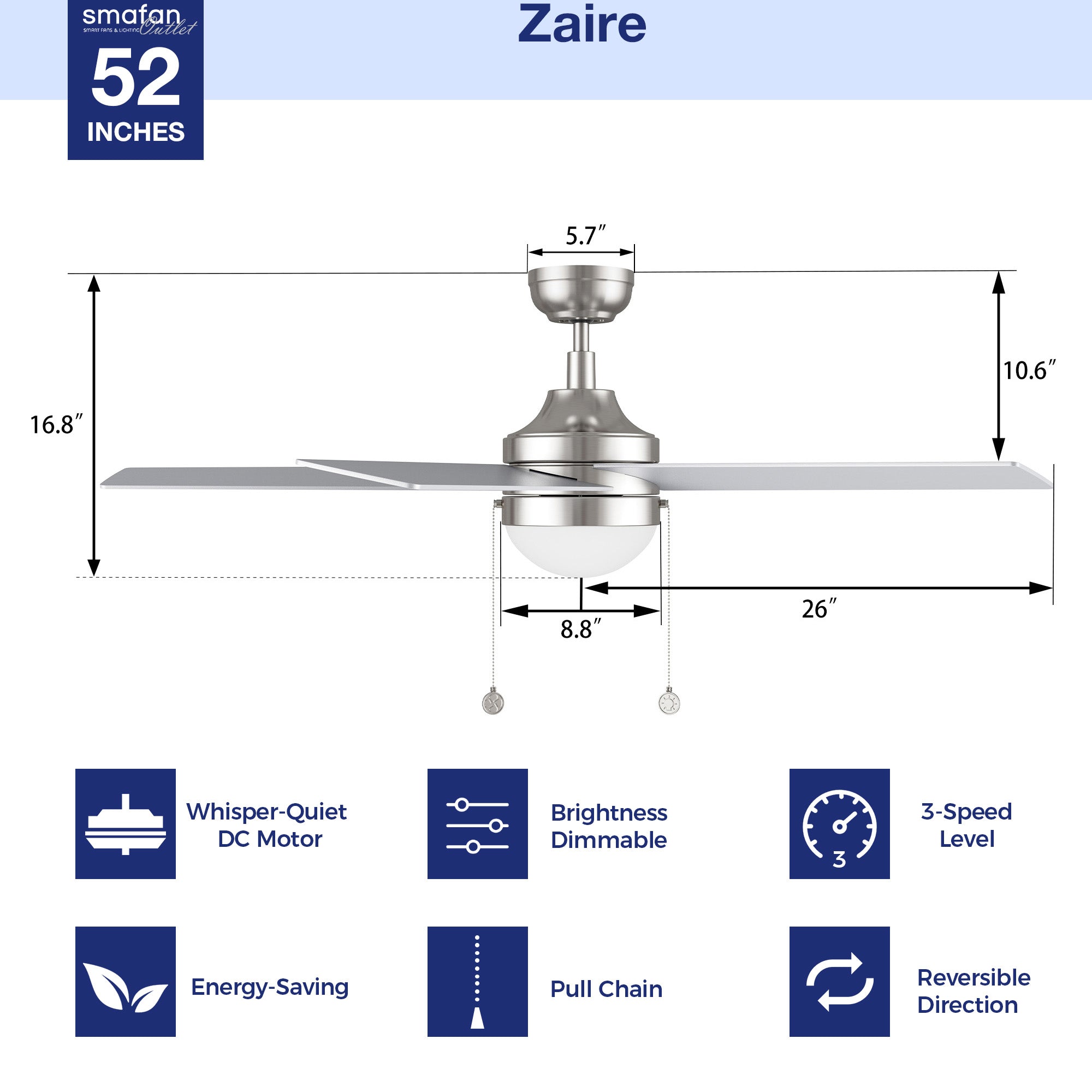 The dimension of 52 inch downrod mount ceiling fan with 5 blades. 