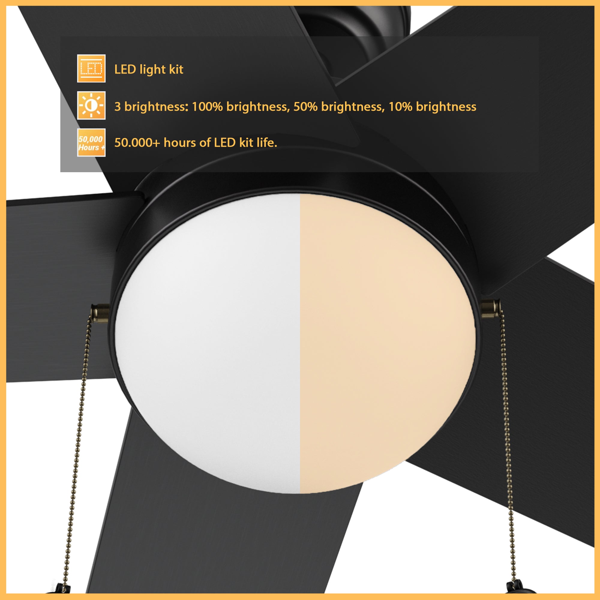 52-inch black ceiling fan with LED light kit, 18 energy power, and 1300 lumens brightness output. With more than 50000 hours of LED kit life, this ceiling fan light provides 3 colors from 2700K warm light to 4000K cool light. 