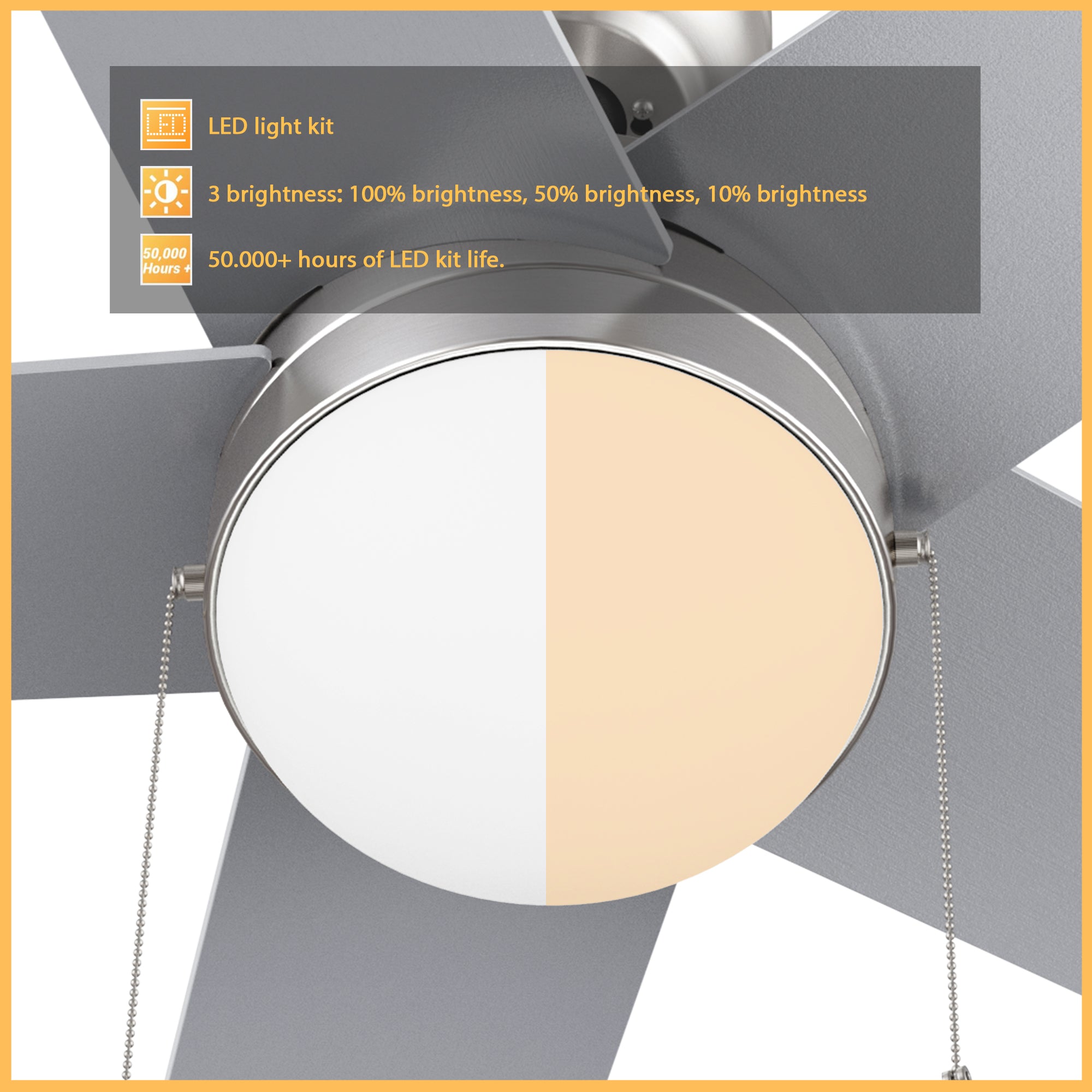 5 blades silver ceiling fan with LED light kit, 18 energy power, and 1300 lumens brightness output. With more than 50000 hours of LED kit life, this ceiling fan light provides 3 colors from 2700K warm light to 4000K cool light. 