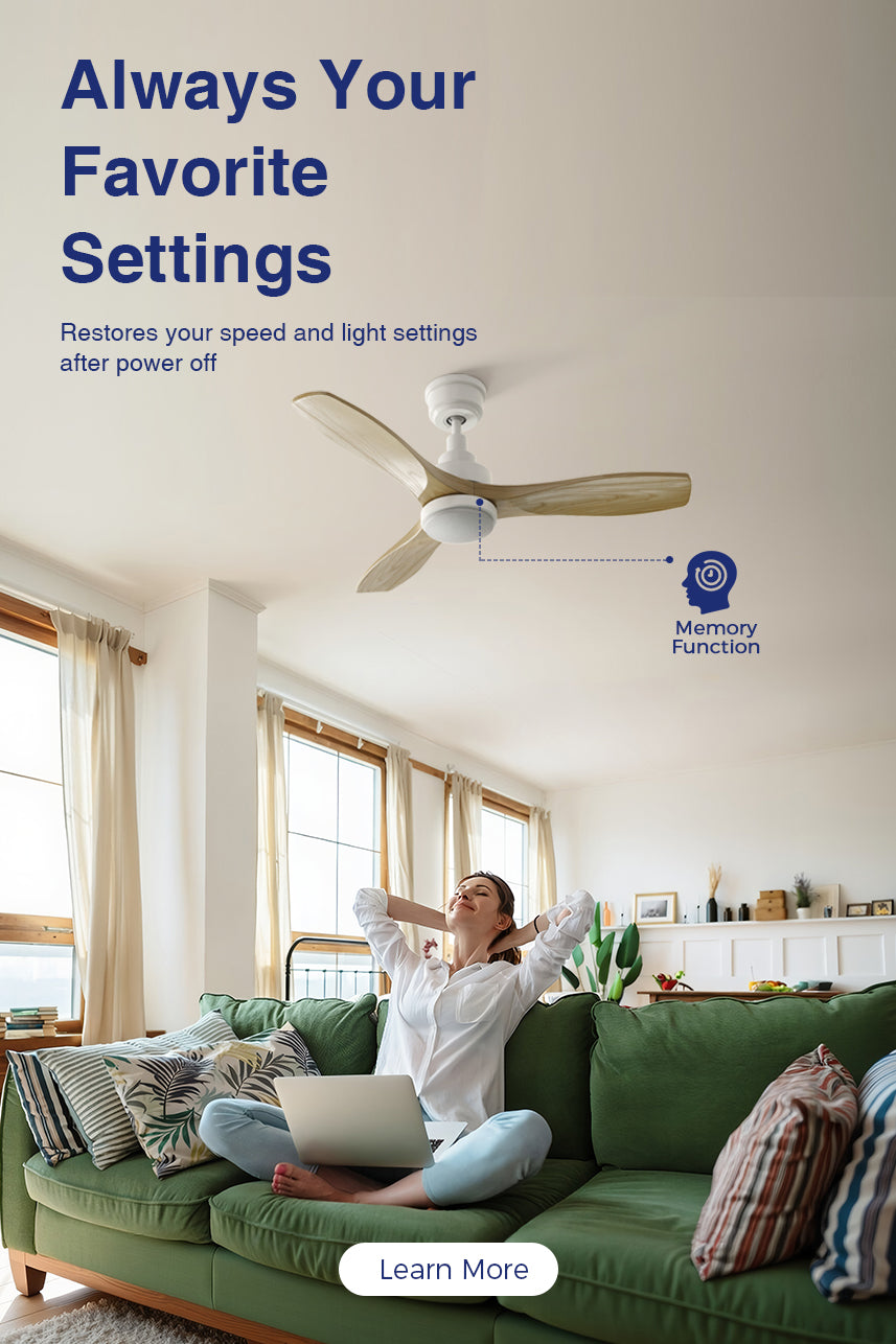 A woman relaxes on a green couch in a bright room with a ceiling fan running overhead. Text overlay on a blue background asks, 'Why Your Ceiling Fan Should Remember Your Settings?', highlighting a 'Memory Function' feature.