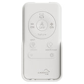 An image of a white handheld remote control for a DC Motor Ceiling Fan with light (non-smart), featuring a sleek design with buttons for fan speed, light on/off, and warm/cool settings. The remote includes a "pair" function, forward/reverse (F/R) control, and dimming options, displayed against a white background, highlighting its functionality for customizable airflow and lighting in indoor or outdoor settings.