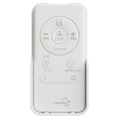 An image of a white handheld remote control for a DC Motor Ceiling Fan with light (non-smart), featuring a sleek design with buttons for fan speed, light on/off, and warm/cool settings. The remote includes a &quot;pair&quot; function, forward/reverse (F/R) control, and dimming options, displayed against a white background, highlighting its functionality for customizable airflow and lighting in indoor or outdoor settings.