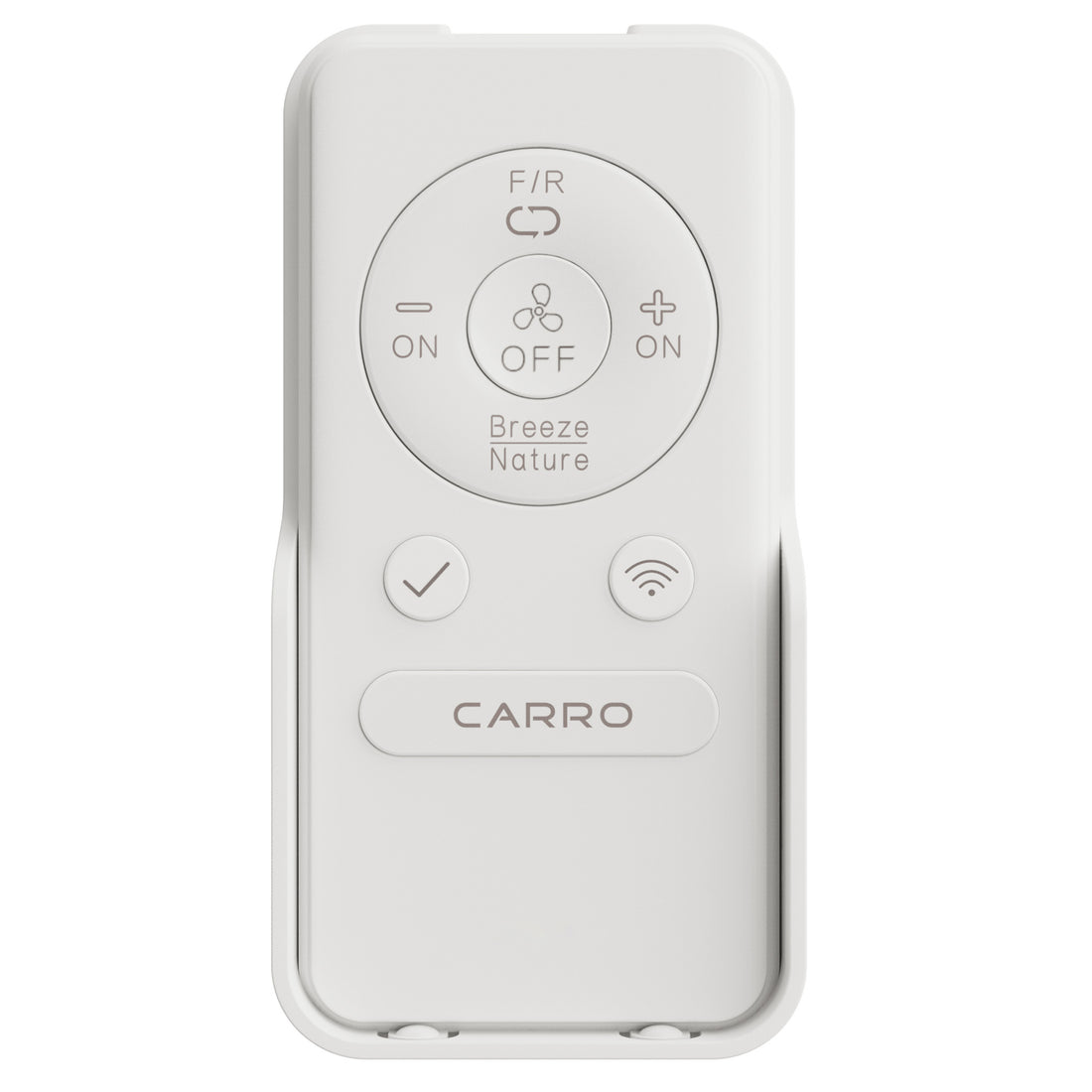 White Carro remote control for DC motor smart ceiling fans without light, featuring buttons for fan speed, reverse direction, Breeze/Nature modes, and smart control connectivity.
