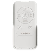 White Carro remote control for DC motor smart ceiling fans without light, featuring buttons for fan speed, reverse direction, Breeze/Nature modes, and smart control connectivity.