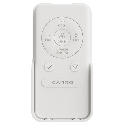 White Carro remote control for DC motor smart ceiling fans without light, featuring buttons for fan speed, reverse direction, Breeze/Nature modes, and smart control connectivity.