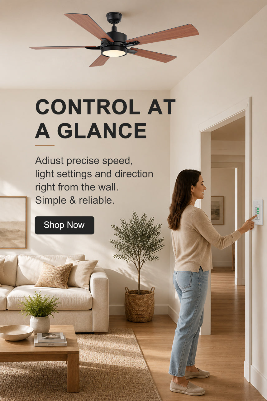 A woman using a smart wall switch to control a modern 5-blade wood ceiling fan with light in a cozy, neutral-toned living room. Ad text reads "CONTROL AT A GLANCE" with a "Shop Now" button.