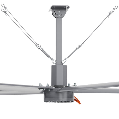 Close-up view of central hub of 10ft industrial fan with steel rope traction device.