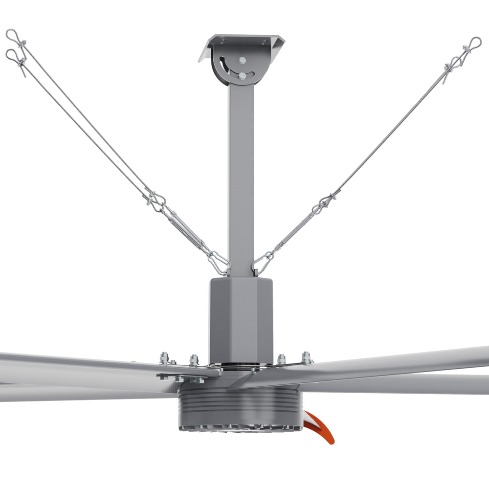 Close-up view of central hub of 12ft industrial fan with steel rope traction device. 
