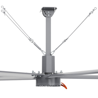Close-up view of central hub of 12ft industrial fan with steel rope traction device. 