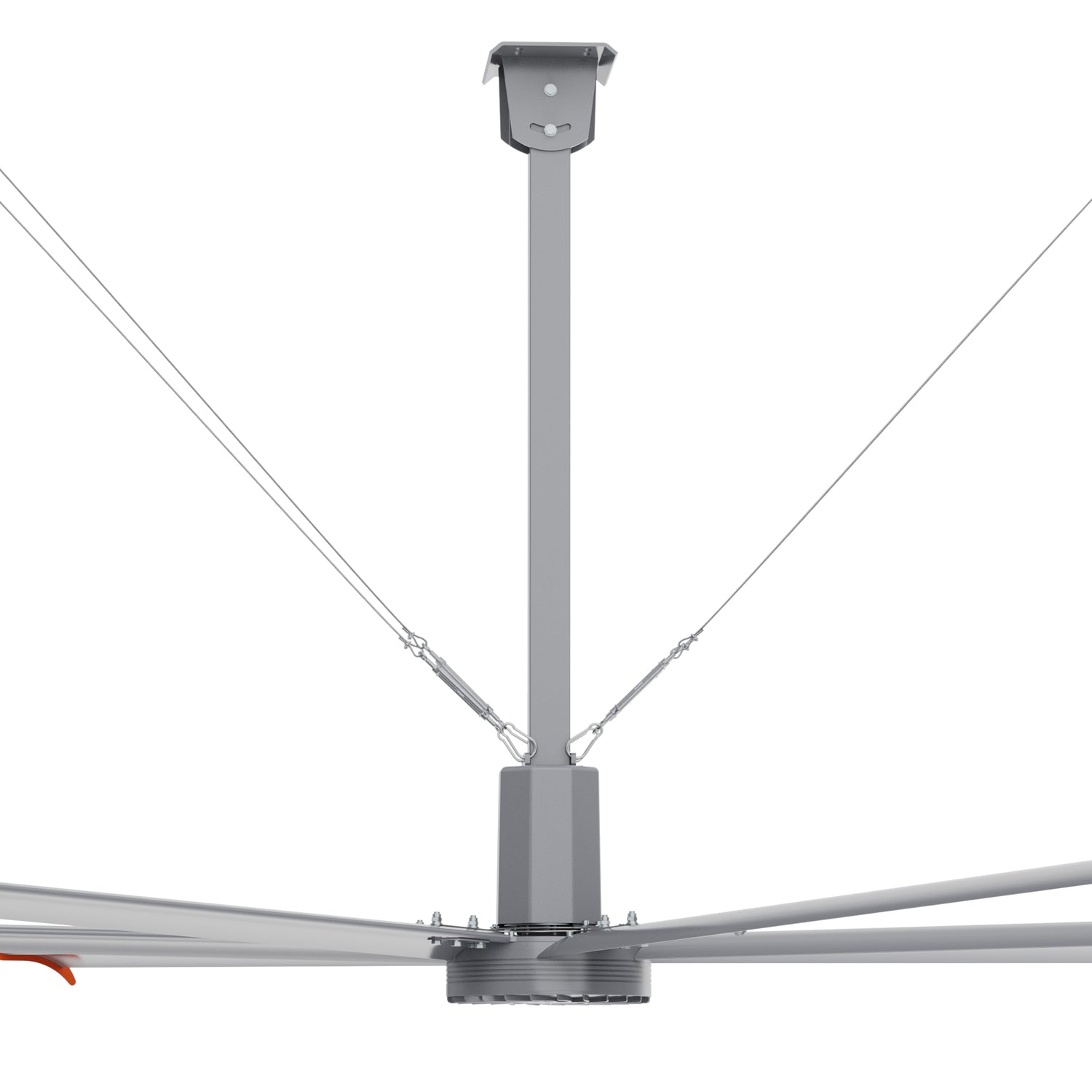 Close-up view of central hub of 20ft industrial fan with steel rope traction device. 