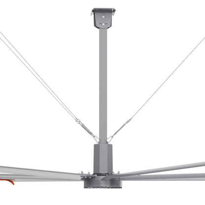 Close-up view of central hub of 20ft industrial fan with steel rope traction device. 