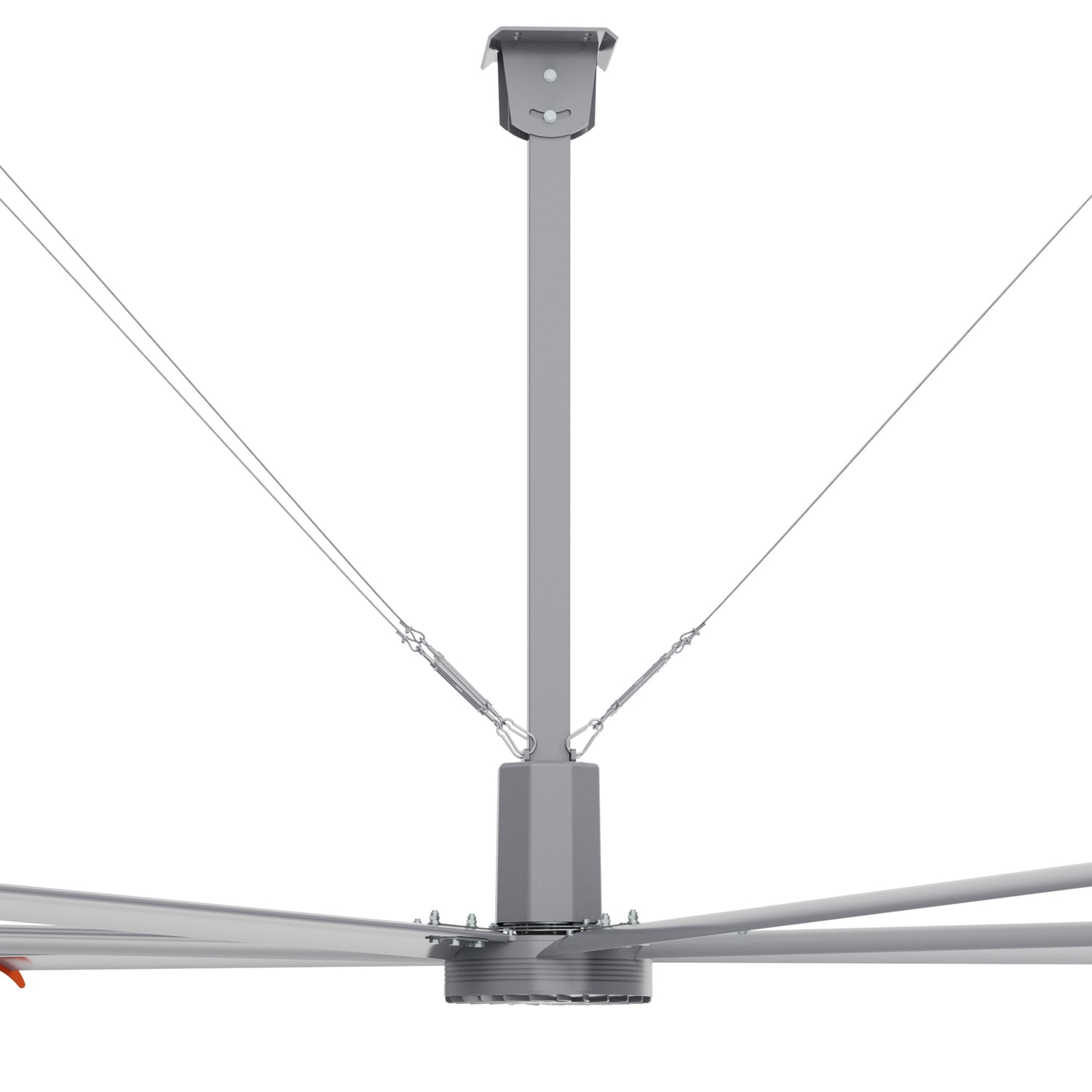 Close-up view of the central hub of 22ft industrial ceiling fan with steel rope traction device.