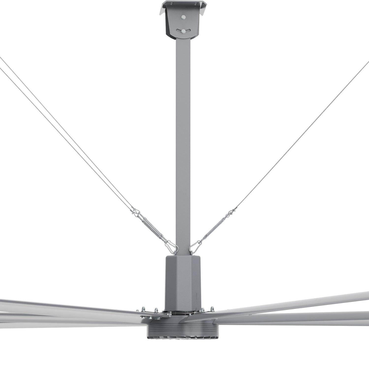 Close-up view of the central hub of 24ft industrial ceiling fan with steel rope traction device. 