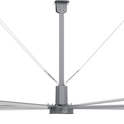 Close-up view of the central hub of 24ft industrial ceiling fan with steel rope traction device. 