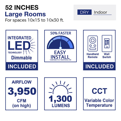 Diagram of a 52-inch ceiling fan designed for large indoor rooms measuring 10x15 to 10x30 feet, specifically for dry environments. The image illustrates a stylized living room layout with furniture, showcasing the fan&