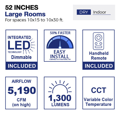Diagram of a 52-inch ceiling fan designed for large indoor rooms measuring 10x15 to 10x30 feet, specifically for dry environments. The image illustrates a stylized living room layout with furniture, showcasing the fan&
