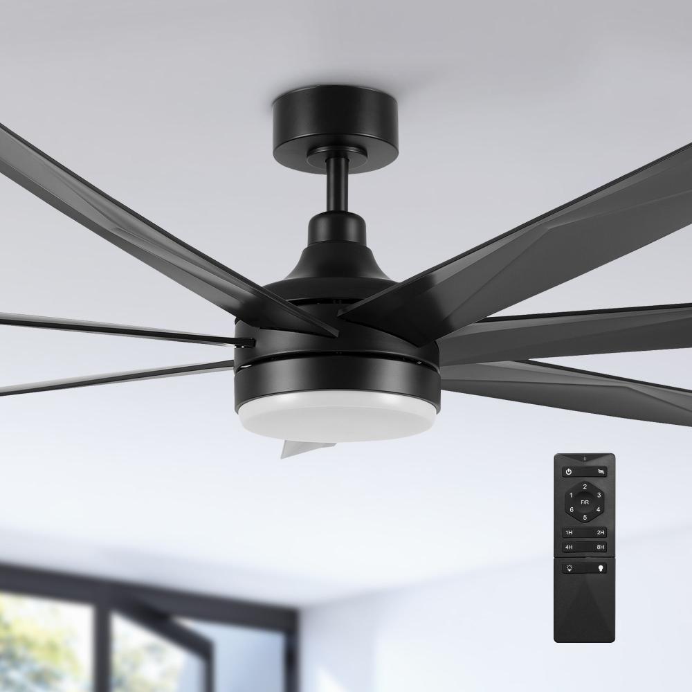 Daventry 65-inch black ceiling fan with LED light and remote control, designed for large indoor spaces with energy-saving DC motor technology. 