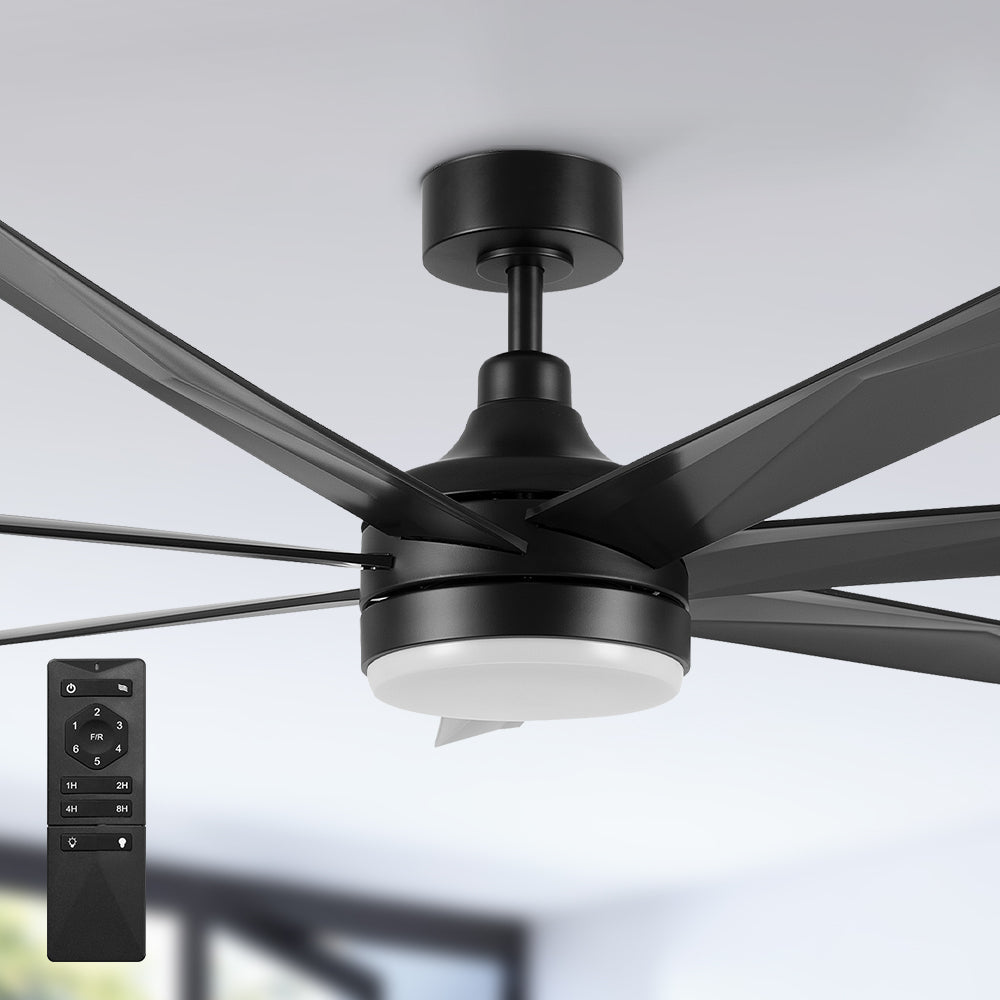 Daventry 65-inch black ceiling fan with LED light and remote control, designed for large indoor spaces with energy-saving DC motor technology. 