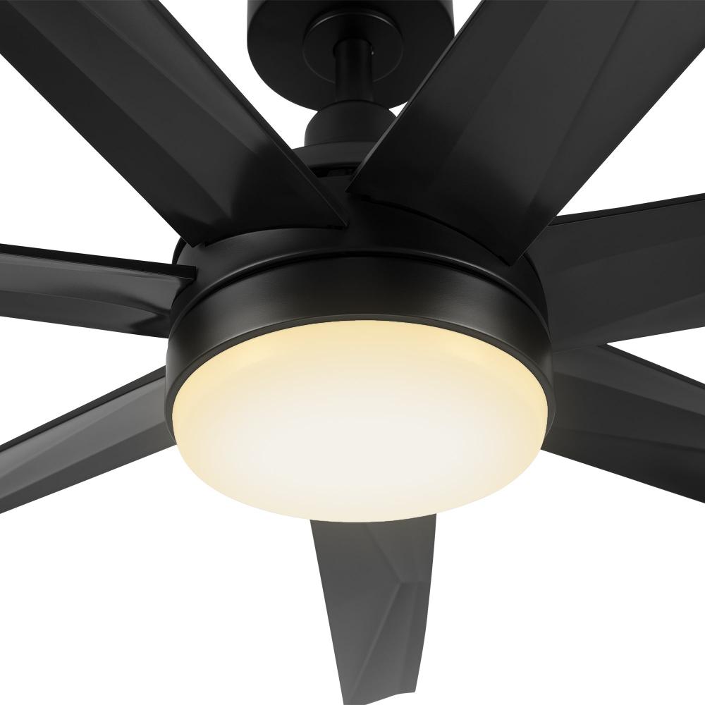 Close-up of Daventry black 65-inch ceiling fan with integrated 6000K LED light, showcasing its sleek modern design and energy-efficient lighting. 