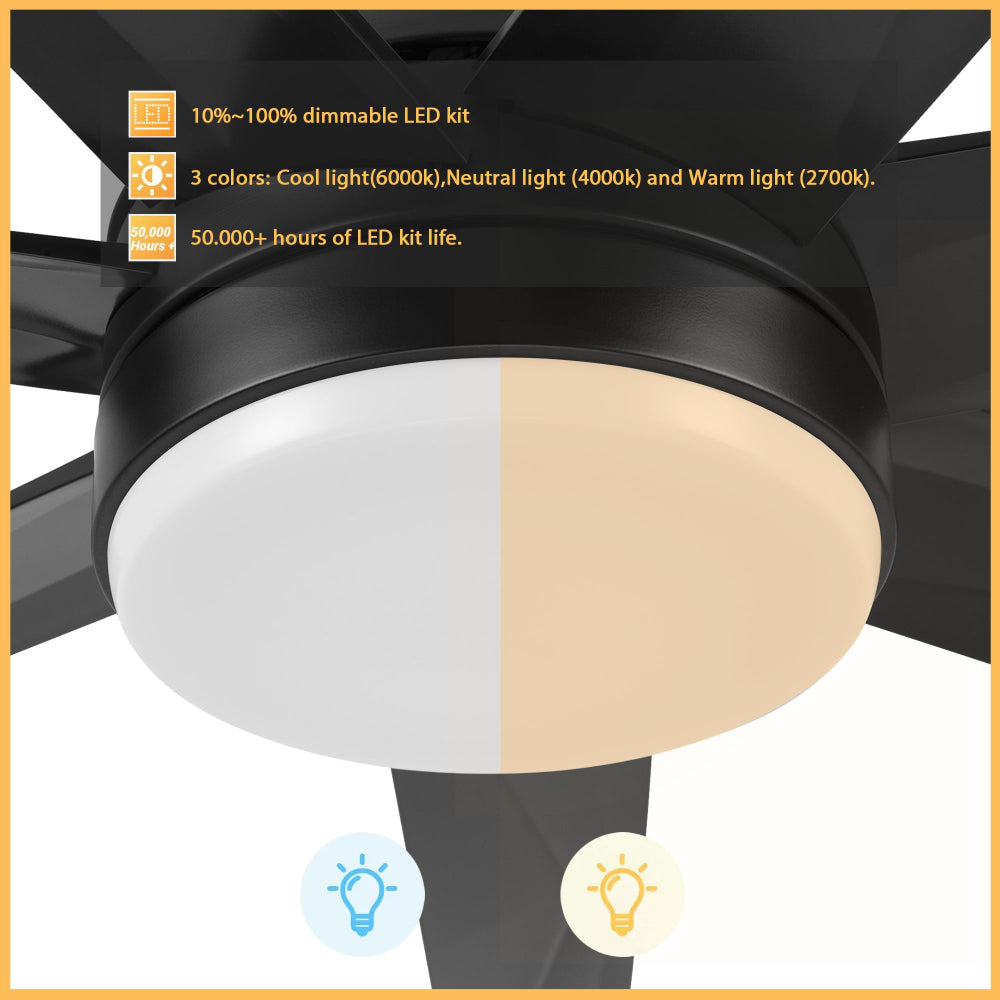 Close-up of Daventry black 65-inch ceiling fan with integrated 6000K LED light, showcasing its sleek modern design and energy-efficient lighting. 