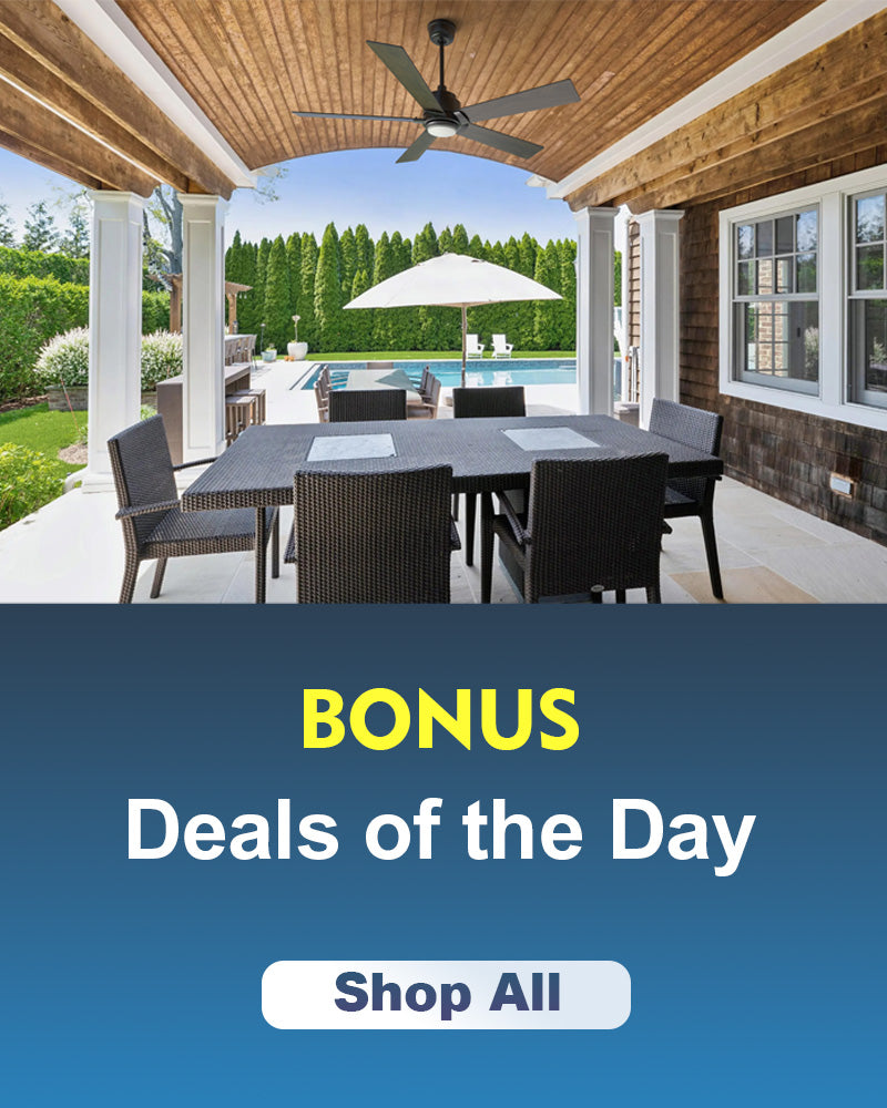 A banner reads Bonus Deals of the Day: Fans Save Up to 75% Off. A Shop All button sits beside an outdoor patio featuring an outdoor smart ceiling fan with light, cozy seating, and a pool view with an umbrella.