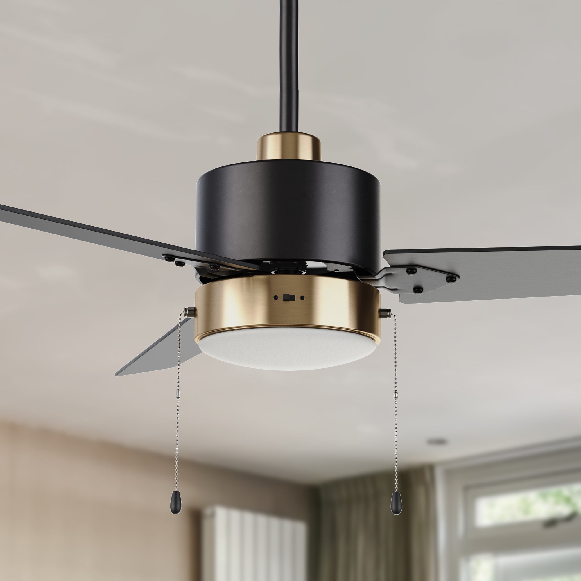 This Dulac 52''Ceiling Fan keeps your space cool, bright, and stylish. It is a soft modern masterpiece perfect for your large indoor living spaces. This Model ceiling fan is a simplicity designing with White finish, use elegant Plywood blades and has an integrated 3000K LED warm light. The fan feature the pull chain switches to set fan speeds and lighting On/Off. #color_black