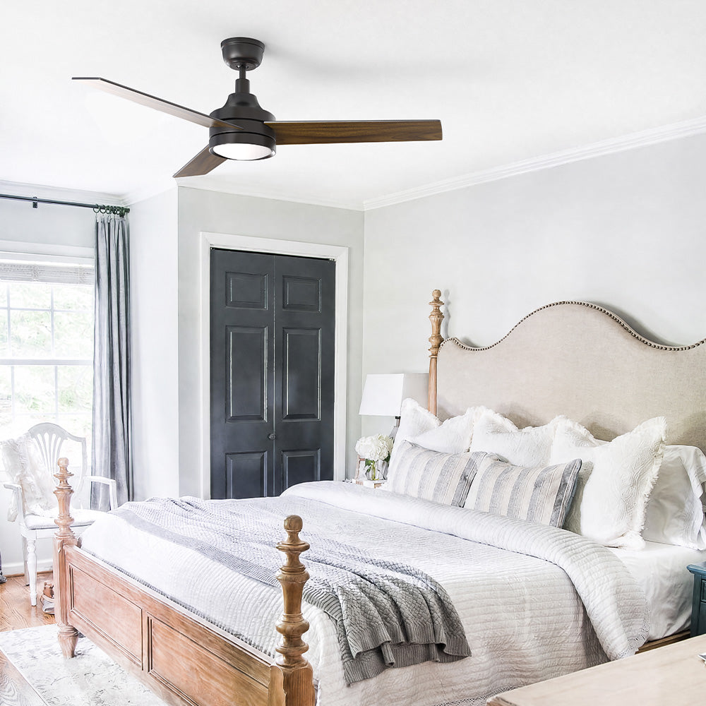 Smafan Dulon 52 inch black 3 blade ceiling fan with light and dark wood blades installed in an elegant transitional French Country master bedroom. 