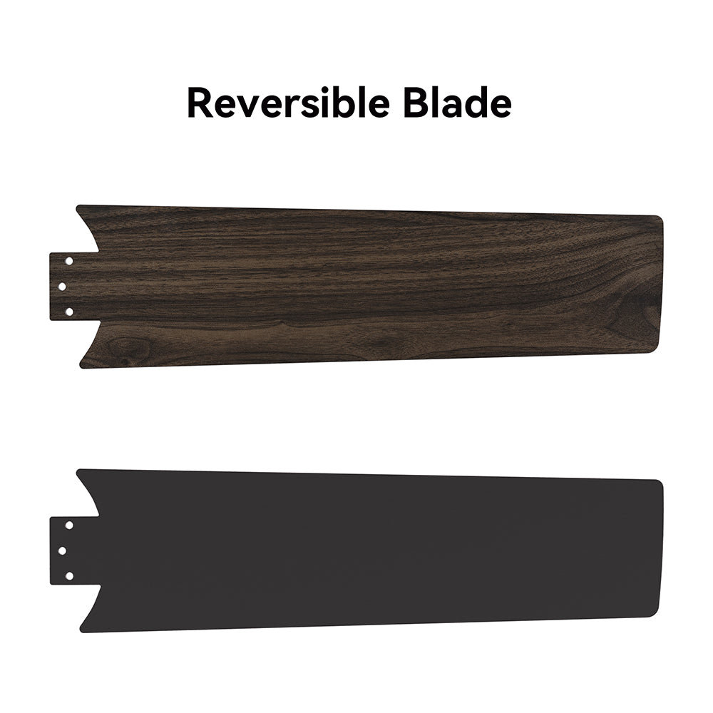 Smafan Dulon 52-inch ceiling fan reversible blade feature showcasing dark walnut wood grain finish on one side and matte black finish on the reverse side. 