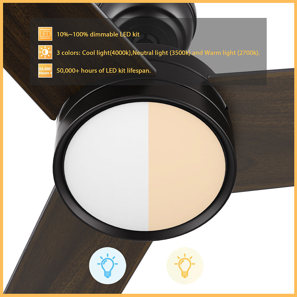 Smafan Dulon wood ceiling fan integrated LED light kit feature showing 10% to 100% dimming, 3 color temperatures, and 50,000+ hours lifespan. 